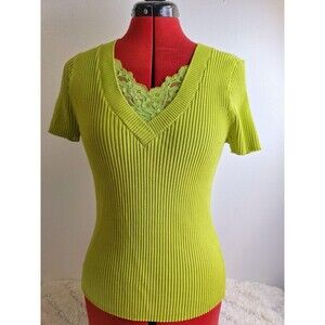 AUGUST‎ SILK Y2K Ribbed Sweater Top Women's Large Lace Trim V-Neck Short Sleeve